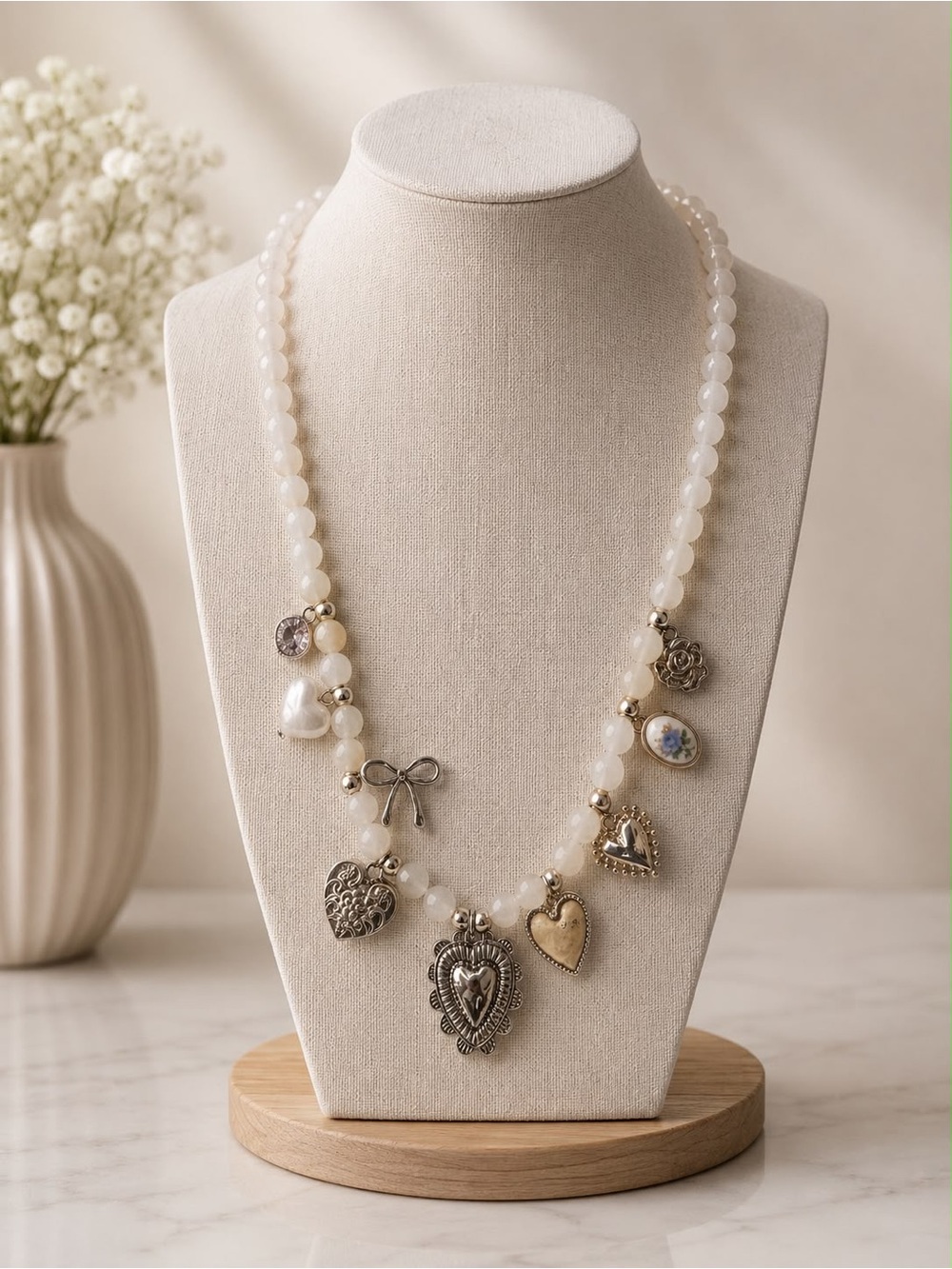 Charmed Heart Pendant Beaded Necklace - White
